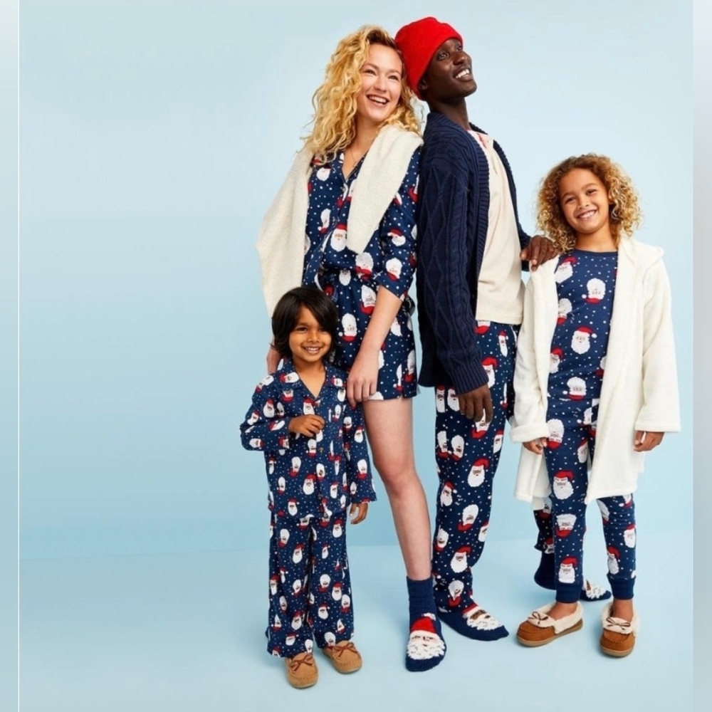 Old Navy Festive Tan Santa Navy Blue Flannel  Pajama Pants, Unisex XL, GUC
